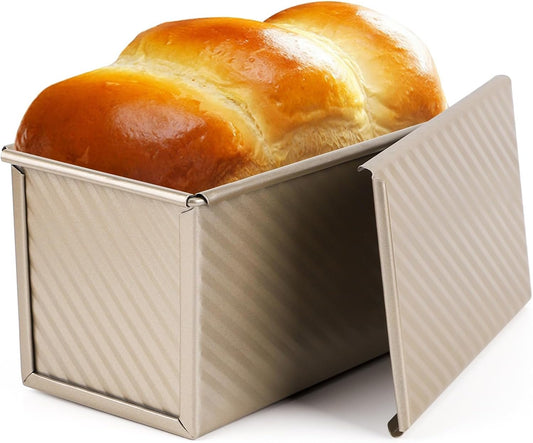 Beasea Pullman Loaf Pan with Lid, Non-Stick Bakeware for Baking Bread, Carbon Steel Corrugated Bread Toast Box Mold with Cover Baking Tools Bread Mold Toast Baking Cake Mold for Oven Baking -Gold