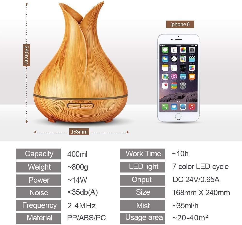 Essential Oil Diffuser Ultrasonic Aromatherapy Air Humidifier 400ML Remote Control Wood Grain Cool Mist Aroma Diffuser Large for Home Office Spa Baby Kids Room, Auto Shut-Off, 10 Hours Working Time (Light Wood)