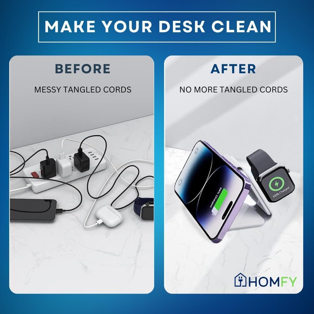 3-in-1 Wireless Charging Station for iPhone, Apple Watch & AirPods – Fast Foldable Charger Dock with USB-C & 18W Wall Adapter | Travel Essentials by HOMFY