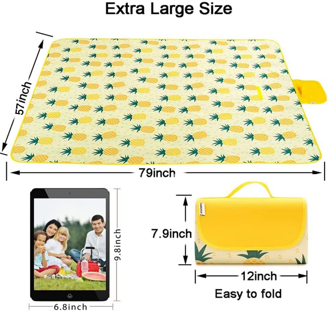 K Y KANGYUN Beach Blanket Outdoor Picnic Blanket Mat 80"x60" Extra Large Waterproof Sand Proof Camping Blanket Lightweight Folding Portable Travel Blanket for Family Park Beach Grass (Pineapple)