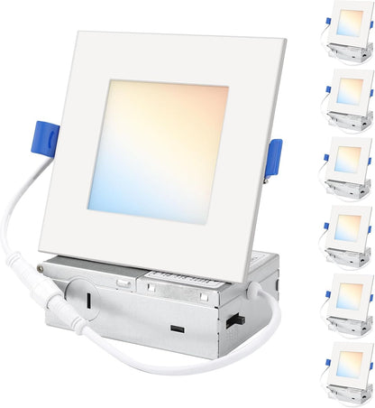 HONZIN 6 Pack 6 Inch Square LED Pot Lights, 5CCT Selectable 2700K–5000K, Dimmable Recessed Ceiling Light with Junction Box, 13W Ultra-Thin IC Rated, White Trim