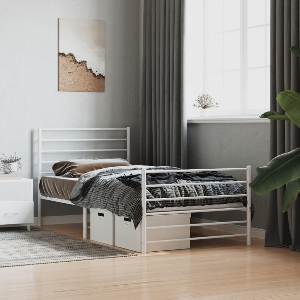 vidaXL King Single Size Bed Frame - Robust Powder-Coated Steel Design with Headboard, Footboard & Under-Bed Storage Space - White