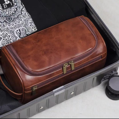 Kallsi Toiletry Bag Hanging Travel Organizer for Men and Women PU Leather Wash Bag for Shaving Kit with Handle Brown