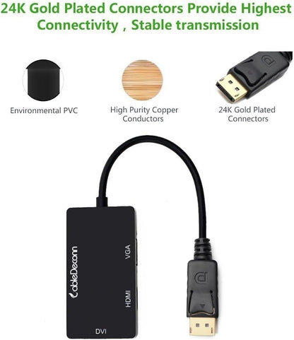 CableDeconn Multi-Function Displayport Dp to HDMI/DVI/VGA Male to Female 3-in-1 Adapter Converter Cable