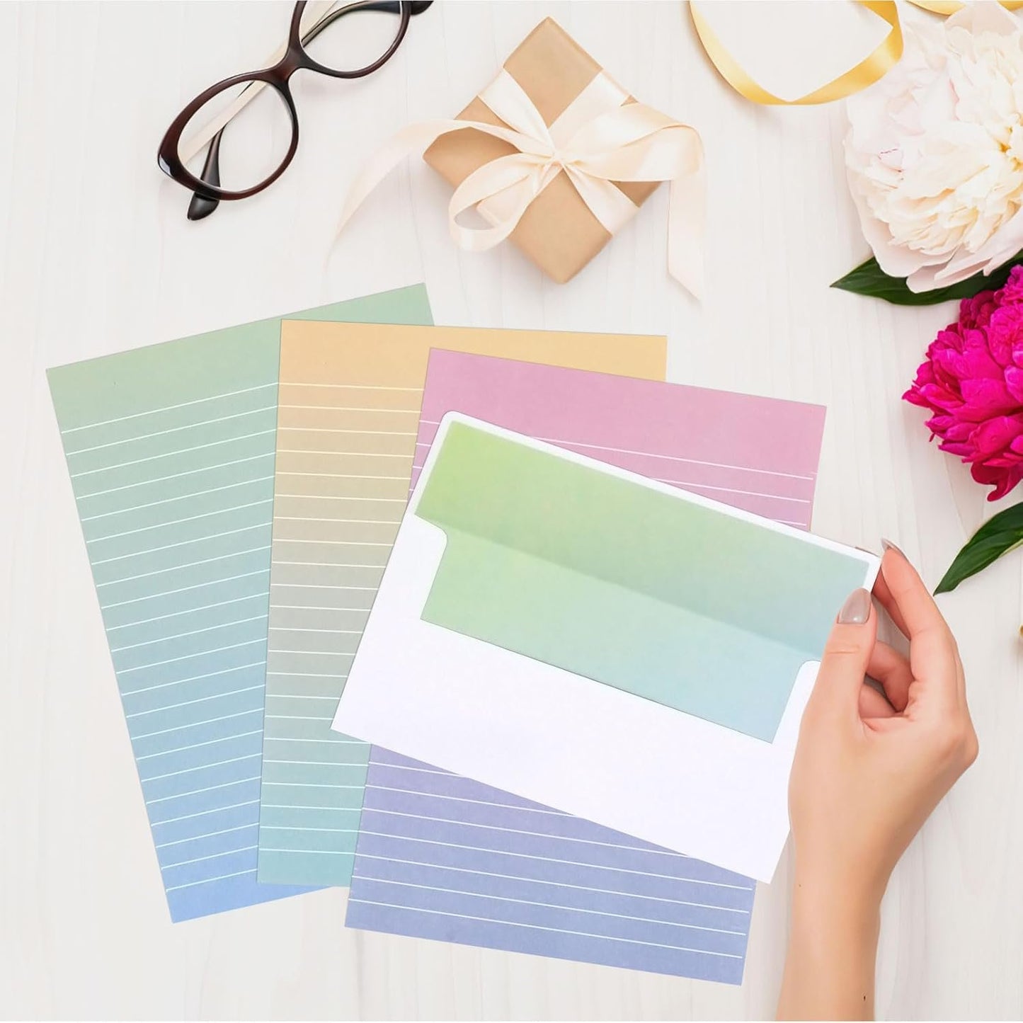 KSIWRE Watercolor Stationery Set with Envelopes, 16 Lined Paper Sheets + 8 Envelopes, Gradient Colors Stationery Paper for Writing Letter Poems Invitations Best Wishes