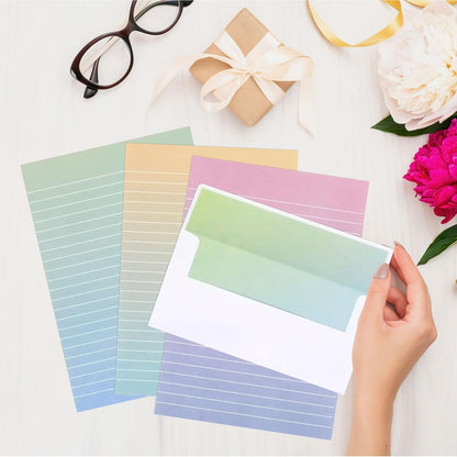 KSIWRE Watercolor Stationery Set with Envelopes, 16 Lined Paper Sheets + 8 Envelopes, Gradient Colors Stationery Paper for Writing Letter Poems Invitations Best Wishes