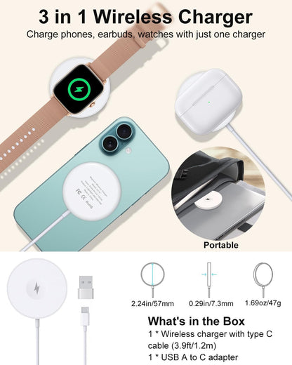 VICHYIE Magnetic Wireless Charger, 15W Max, Wireless Charging Pad for iPhone 16/15/14/13/12 Series, AirPods Pro 2/Pro/4/3/2, iWatch, with USB-C & A Dual Port, No Power Adapter(White)
