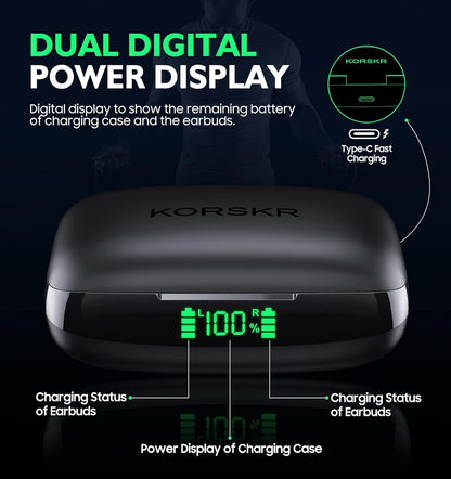 Wireless Earbuds, KORSKR Bluetooth Earbuds Touch Control Ear Buds Hi-Fi Stereo 42H Playtime Bluetooth 5.3 Earphones IPX6 Waterproof Wireless Headphones with Mic Fast Charging Case for Sports - Black