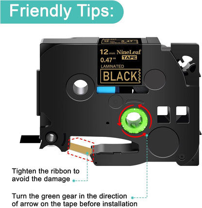 NineLeaf 1 Pack Compatible for Brother TZe-334 TZe334 TZ-334 TZ334 Label Tape 12mm 1/2'' 0.47'' Gold on Black Standard Laminated Labeling Work with PT-D210 PTD400AD PTH110 PT-D600 Label Maker