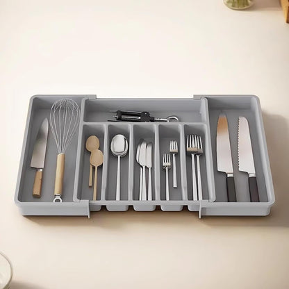 LMX Cutlery Drawer Organizer, Expandable Utensil Kitchen Drawer Organizer,BPA Free Adjustable Plastic Storage Box for Forks, Knives,Tools More (Grey, Large)
