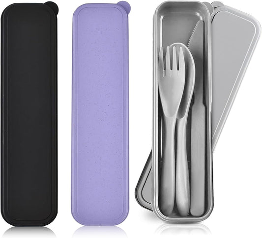 3 Pack Travel Cutlery Set, Reusable Plastic Utensils Knife Fork Spoon Set Portable Camping Utensil Set with Case for Travel Picnic Outdoor (Gray, Black, Purple)