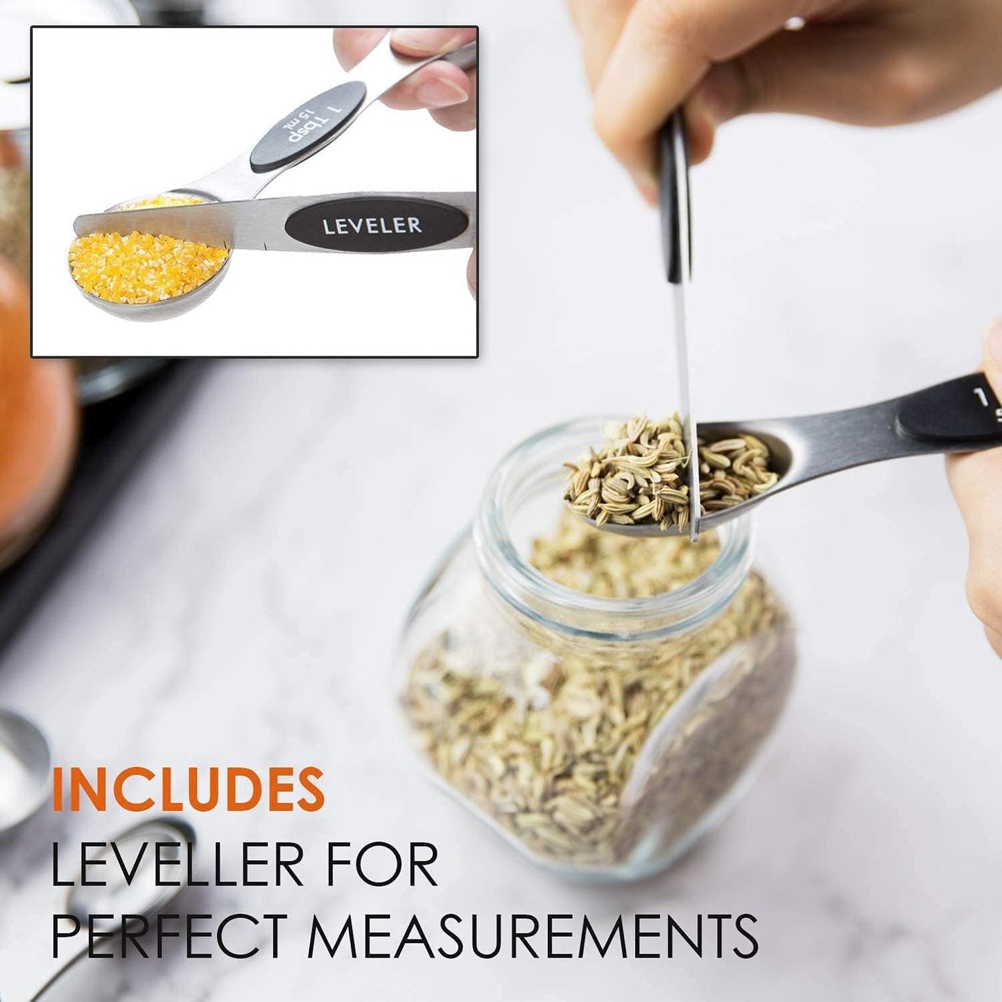 DILISS Magnetic Measuring Spoons Set, Dual Sided, Stainless Steel, Fits in Spice Jars, Set of 8 for Measuring Dry and Liquid Ingredients (Black)