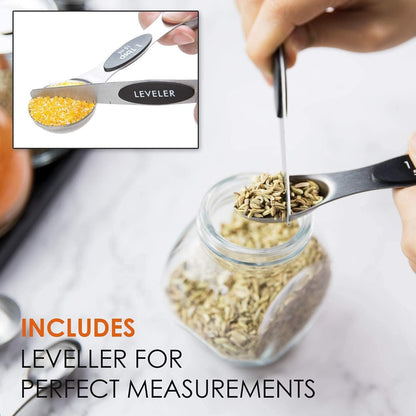 DILISS Magnetic Measuring Spoons Set, Dual Sided, Stainless Steel, Fits in Spice Jars, Set of 8 for Measuring Dry and Liquid Ingredients (Black)