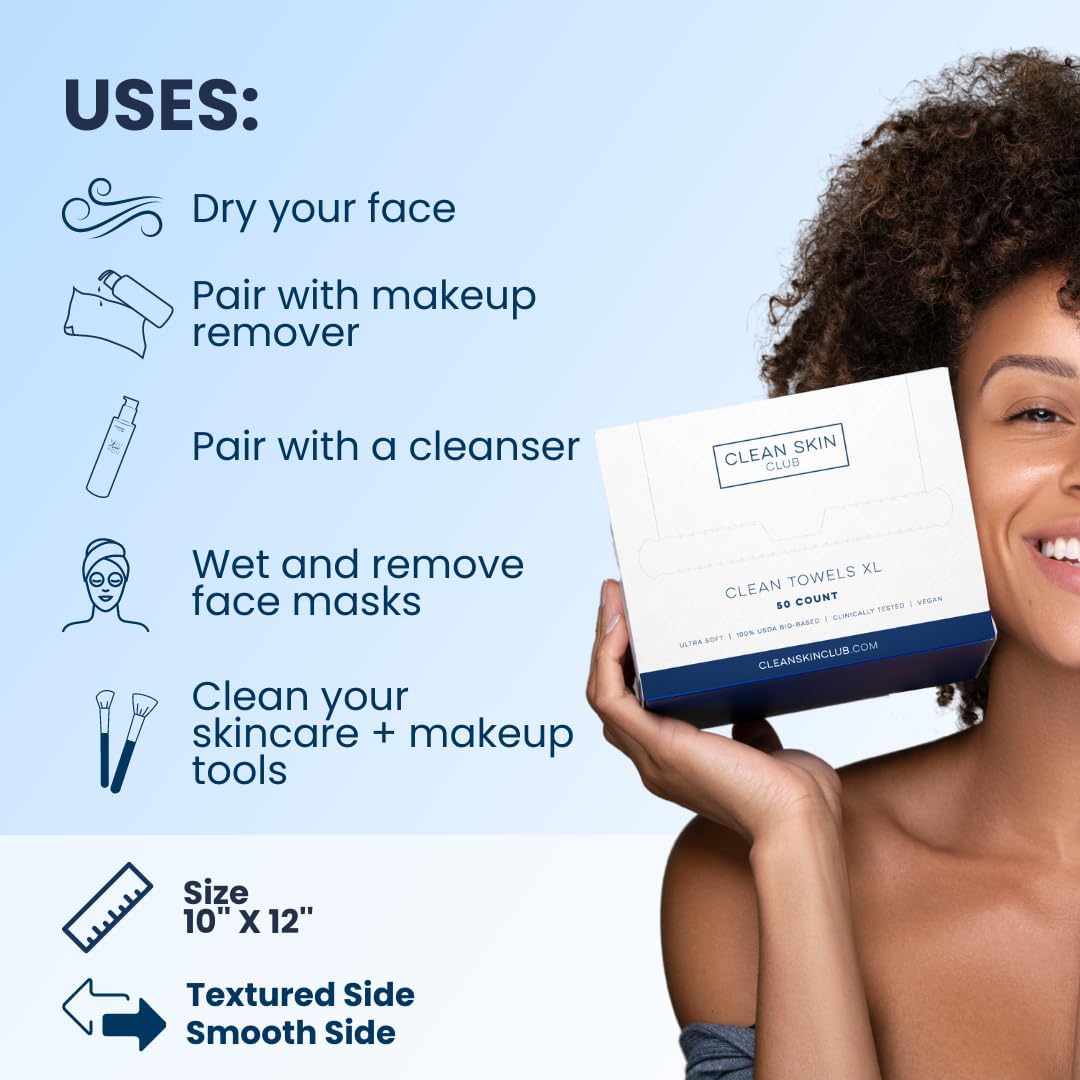 Clean Skin Club Clean Towels XL™, 100% USDA Biobased Face Towel, Disposable Face Towelette, Eczema Association Accepted, Makeup Remover Dry Wipes, Ultra Soft, 50 Ct, 1 Pack