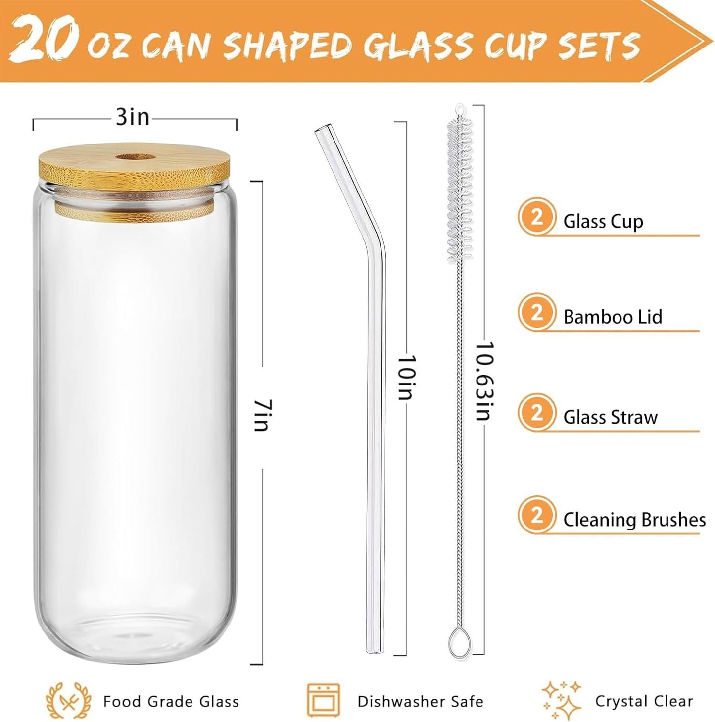 DAMCONME Glass Cups with Lids and Straws,20 Oz Glass Tumbler with Straw and Bamboo Lid for Iced Coffee,Whiskey,Soda,Tall Bottles Suit for Hot and Cold Drinks,Dishwasher Safety,Gifts(2 Brush)