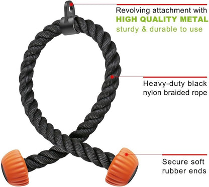 SELEWARE Triceps Rope with Non-Slip Soft Rubber Ends Home Gym Cable Attachment Workout Accessories 28 & 36 inches Long LAT Pulldown Attachment Black and Orange