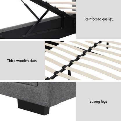 Artiss Queen Bed Frame Platform Tufted Headboard Frames Gas Lift Beds Base with Storage Space Bedroom Room Decor Home Furniture, Upholstered with Grey Faux Linen Fabric + Foam + Wood