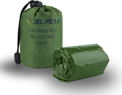 Delmera Emergency Survival Sleeping Bag, Lightweight Waterproof Thermal Emergency Blanket, Bivy Sack with Portable Drawstring Bag for Outdoor Adventure, Camping, Hiking, Orange (Green- 2 Packs)