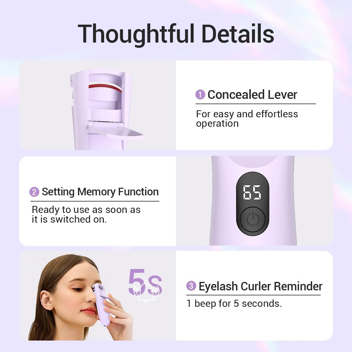 TOUCHBeauty Rechargeable Heated Eyelash Curler with LED Display, Featuring 3-Level Adjustable Temperature for a Natural, Long-Lasting Curl (Up to 24 Hours) AG-2316purple