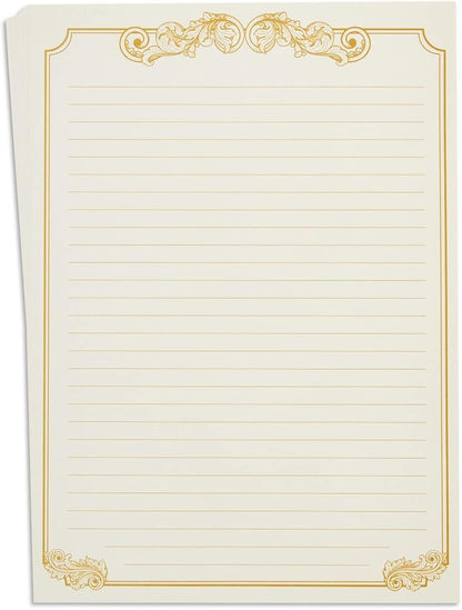 Vintage Style Letter Writing Kit with 60 Sheets of Gold Border Paper and 30 Envelopes for Letters, Valentine's (7.25 x 10 in)