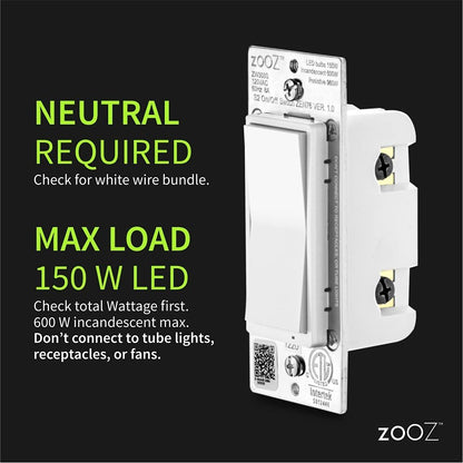 Zooz 800 Series Z-Wave Long Range S2 On Off Switch ZEN76 800LR, White | Simple Direct 3-Way and 4-Way Solution (Works with Regular Switches, No Aux Switch Needed) | Z-Wave Hub Required