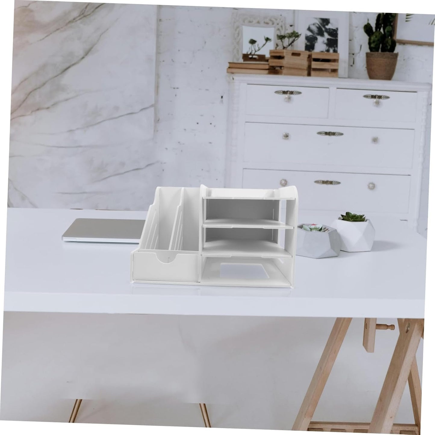 TEHAUX Multi File Organizer for Desk Elegant White Document Storage Rack Holder Stand for Home Office Classroom Workspace Organization