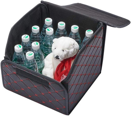 XhuangTech PU Leather Multipurpose Collapsible Car Trunk Storage Organizer with Lid 13inch Portable Auto Tools Cargo Holder Storage Box Tidy Case (Black with red line)