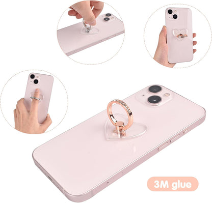Transparent Clear Phone Ring Grips Holder Kickstand, 2 Pcs 360 Degree Rotation Heart with Diamond Phone Finger Holde, Finger Ring Stand for Cell Phone Tablet Case Accessories