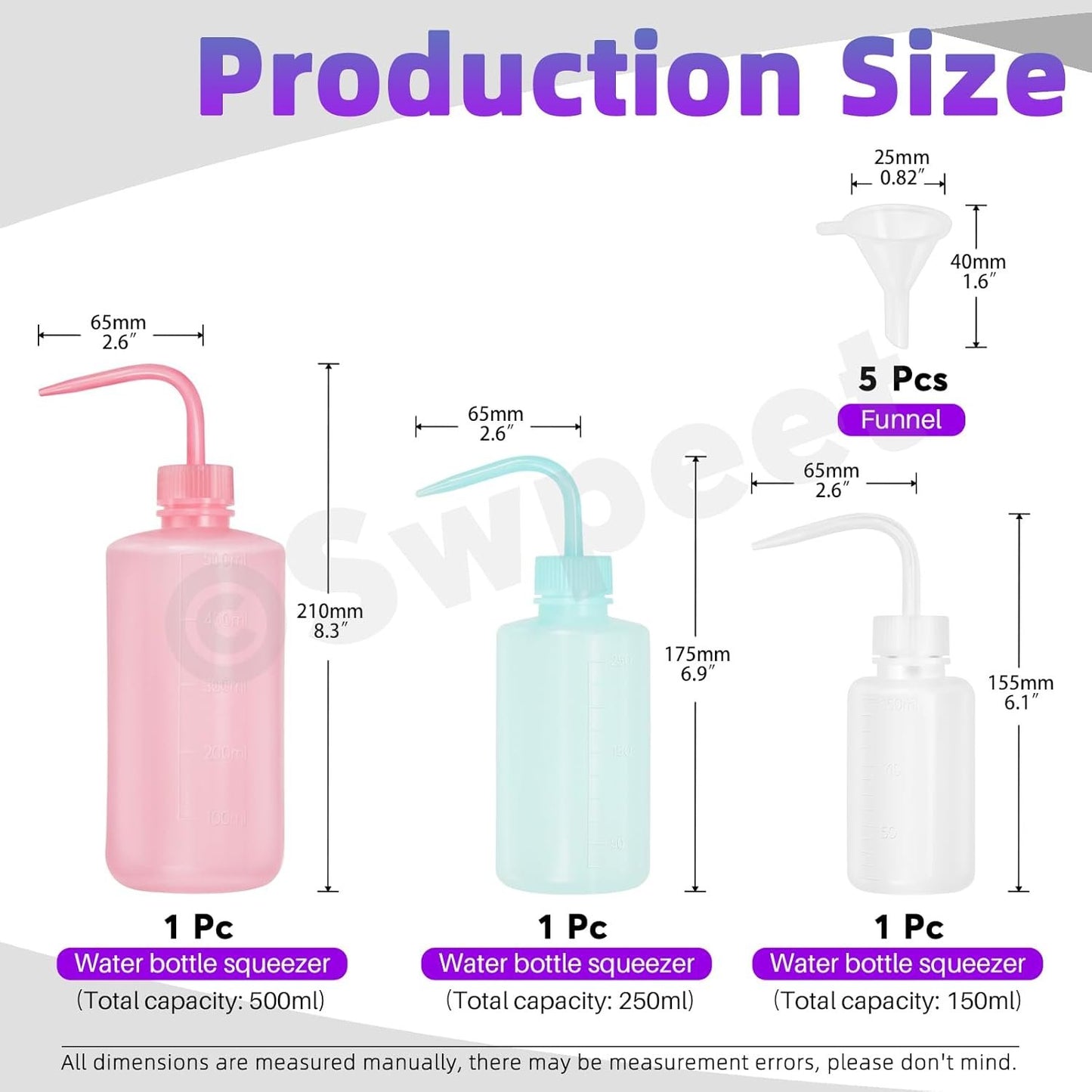 Swpeet 3Pcs 500ML/250ML/150ML Safety Bottles Watering Tools with 5Pcs Small Funnels Assortment Kit, Wash Bottles Water Squirt Bottle Succulent Watering Squeeze Bottle for Irrigation, Plant Washing