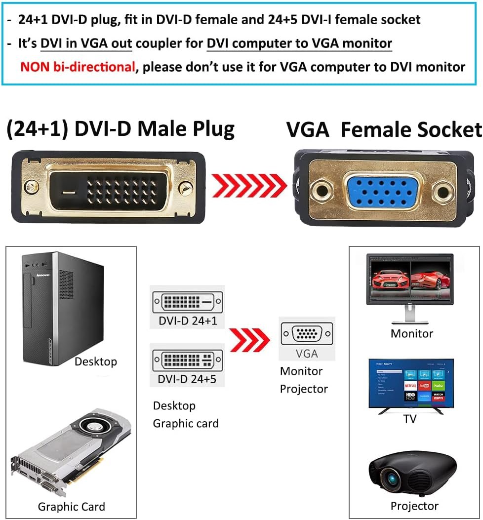 DTECH DVI to VGA Adapter DVI-D Male to VGA Female Converter 1080P Video Connector 24+1 Pin for Monitor Computer Projector