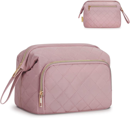 Wandering Nature Makeup Bag,Quilted Make up Bags for Women,Wide-Open Cosmetic Bag, Large Makeup Organizer Case, Travel Pouch for Travel Essentials Toiletries Accessories Brushes, Pink Patent Pending