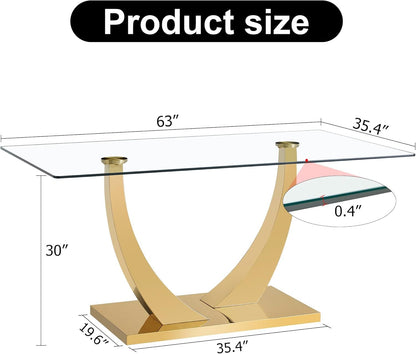 WEKEOT Modern Dining Table Rectangle Kitchen Table Tempered Glass Tabletop with Golden Leg Dinner Table for Dining Room, Office, Restaurant (160CM, Glass Tabletop and Golden Leg)
