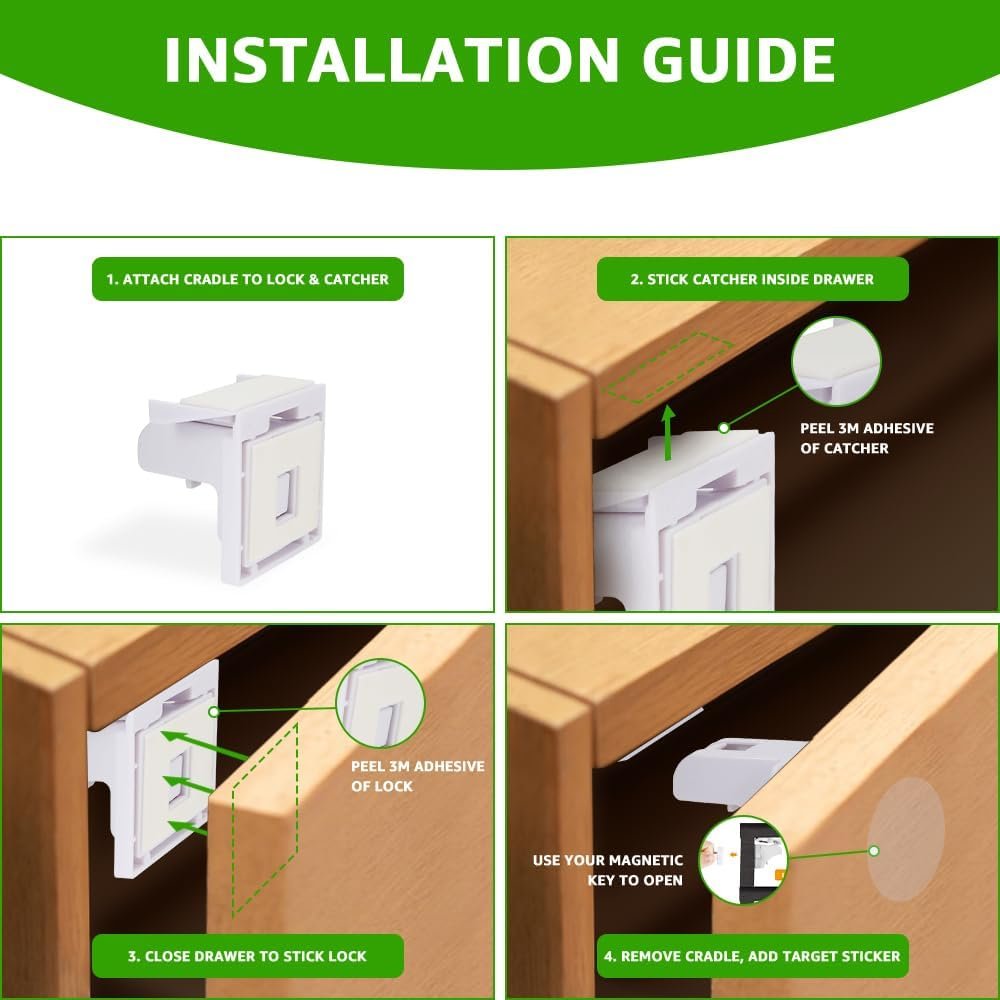 AUTOWT 12 Pack Magnetic Cabinet Locks for Kids - Child Safety Latches - Baby Proofing Cabinets and Drawer Locks for Kitchen Cupboard with 3M Adhesive - Easy Installation No Drilling & No Tools Required