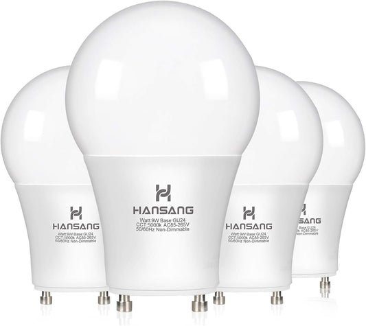hansang A19 LED Bulb Gu24 Light Bulb Base,9W (100W Equivalent),900 Lumens,5000K Daylight,220 Degree Beam Angle,Gu24 Twist Base,for CFL Upgrade,Non-Dimmable 4 Pack