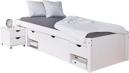 Inter Link - Single bed - Multifunction - Functional bed with storage - With bedside table - 3 drawers - 2 niches - Solid wood - With base - White painted - Till 90 x 200 cm