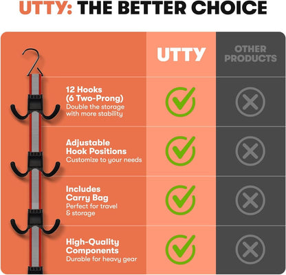 UTTY Hanging Multipurpose Portable Hockey Drying Rack - Hockey Gear Hanger & Sports Equipment Organizer - 6 Durable Adjustable Hooks Support Light to Heavy Weight for Home, Travel & Outdoor Use