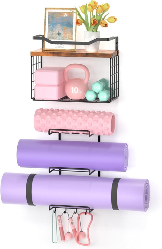 Yoga Mat Holder Wall Mount, Yoga Accessory Mats Storage Rack, Home Gym Accessories Organizer Storage with Wood Floating Shelves, Storage Basket with Hooks for Hanging Yoga Strap & Resistance Bands