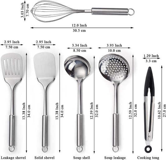 ReaNea Stainless Steel Kitchen Utensil Set 6 Pieces Includes Metal Spatula Set, Skimmer, Ladle, Tongs, Whisk, Essential Kitchen Gadgets