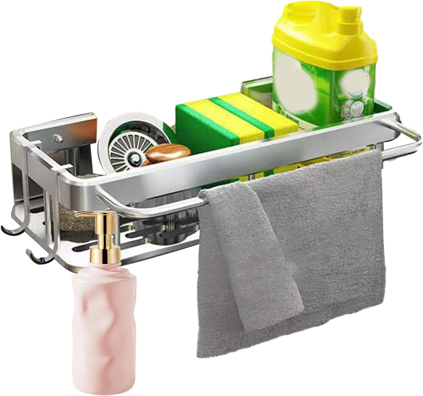 Gvblkq Kitchen Sink Organizer, Sponge Rack, No Drilling Installation, Compact Storage Basket, Brush Holder Design, Rust Resistant Material, for Sponges, Wipes, Cleaning Solution, 30.5x13x5.5cm