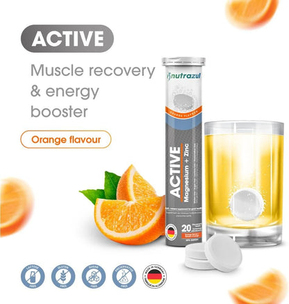 Nutrazul ACTIVE Magnesium and Zinc Effervescent Tablets | 20 Tablets | Magnesium Supplements for Muscle Recovery & Electrolyte Balance | Orange Flavor