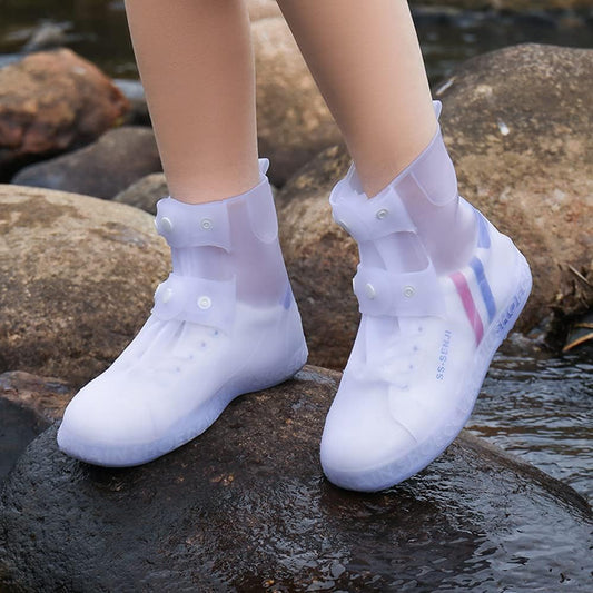 Waterproof Shoes Cover, Portable Non-Slip Rain Snow Boots Shoes Cover, Reusable Women Men TPE Rubber Sole Overshoes Protectors for Outdoor Cycling Travel （White）