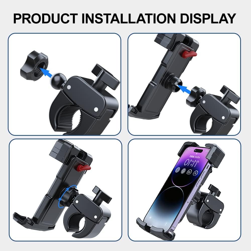 Strong Phone Holder for Bike or Motorcycle,Motorcycle Handlebar Mount,Mountain Bicycle Cellphone Clamp，Scooter Phone Clip,Cycling Motorcycle Accessory Mounts for Cellphones (Black)
