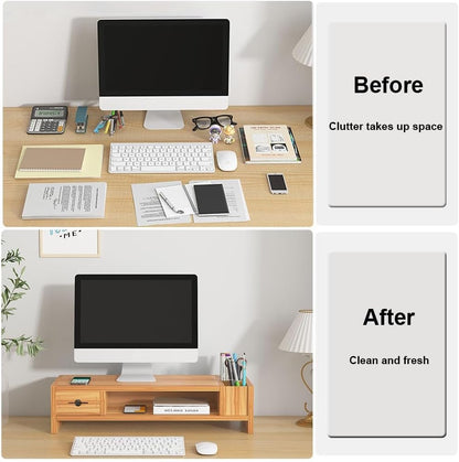 Monitor Stand, 2 Tier Computer Monitor Riser with Drawer and Pen Holder, Ergonomic Laptop Stand, Desktop Shelf for Laptop, TV Screen, PC Monitor (Cherry Wood)