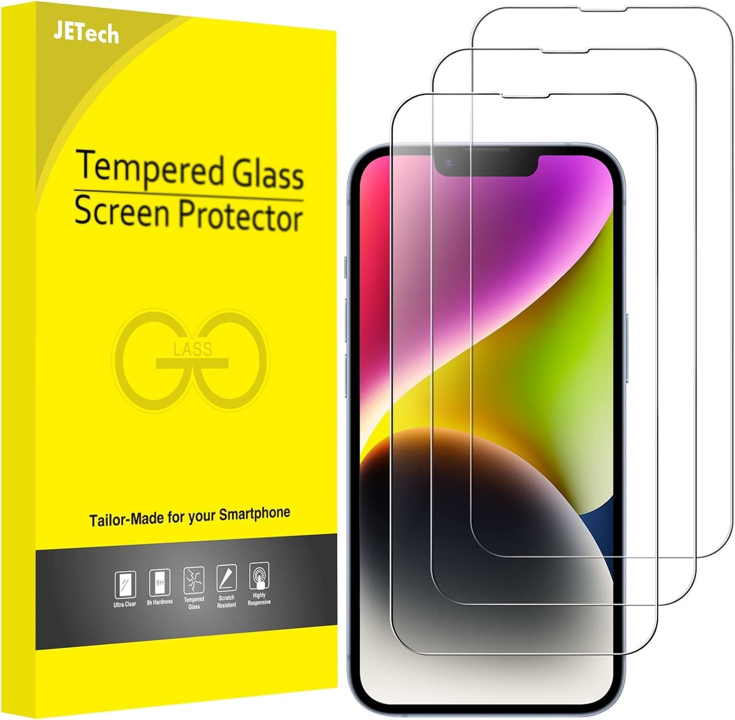 JETech Full Coverage Screen Protector for iPhone 14 Plus 6.7-Inch, 9H Tempered Glass Film Case-Friendly, HD Clear, 3-Pack