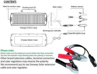 Sunway Solar Car Battery Trickle Charger & Maintainer 12V Solar Panel Power Charger With Cigarette Lighter Plug Battery Clamp For Car, Automotive, Motorcycle, Boat, Marine, Snowmobile, Watercraft, RV