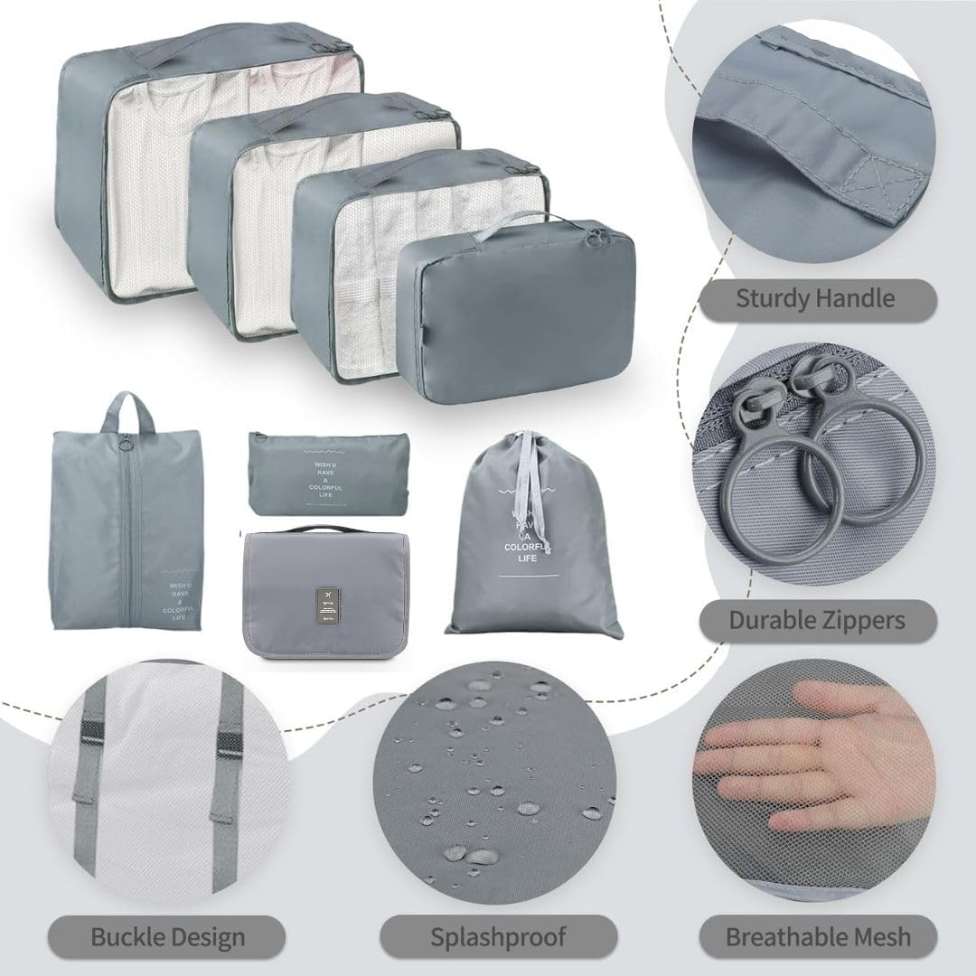 My Corgi Living 8-Piece Cube Travel Luggage Organizer Set - Efficient Luggage Separators & Travel Storage Cubes with Toiletry Makeup Bag, Shoe Bag - Perfect for Families, Men & Women (Grey)