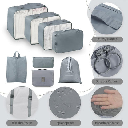 My Corgi Living 8-Piece Cube Travel Luggage Organizer Set - Efficient Luggage Separators & Travel Storage Cubes with Toiletry Makeup Bag, Shoe Bag - Perfect for Families, Men & Women (Grey)