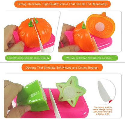 ZWYOIUG Play Food Set Toy, STEM Pretend Play Kitchen Accessories with Cute Bakset, Cutting Vegetables, Fruits, Learning Educational Toy Foods Cutting Set Gifts for Kids Toddlers Boys Girls 3 4 5 6 Years Old (Pink)