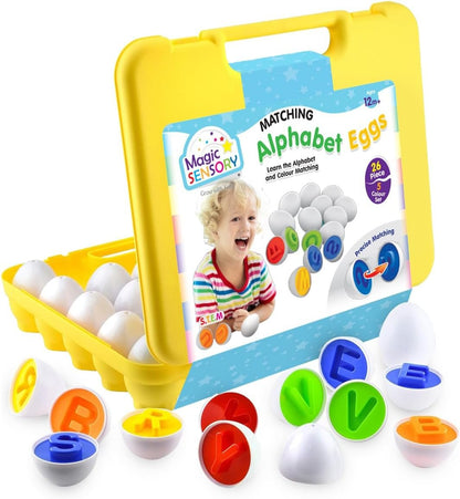 Magic Sensory Alphabet Eggs â€“ 26 Plastic Colourful Matching Egg Toy Set for Kids â€“ Montessori Sensory Learning Activity, Learn Aâ€“Z Letters and Colours â€“ Educational Toy for Toddlers Ages 1â€“3