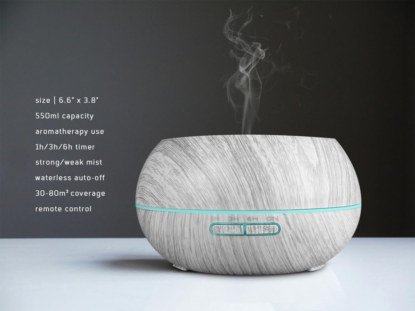 550ml Large Capacity Essential Oil Diffuser Aromatherapy Ultrasonic Diffusers Humidifier with Timer and 7 Color LED Night Light Setting Auto-Off Function White Wood Grain for Home Office Spa